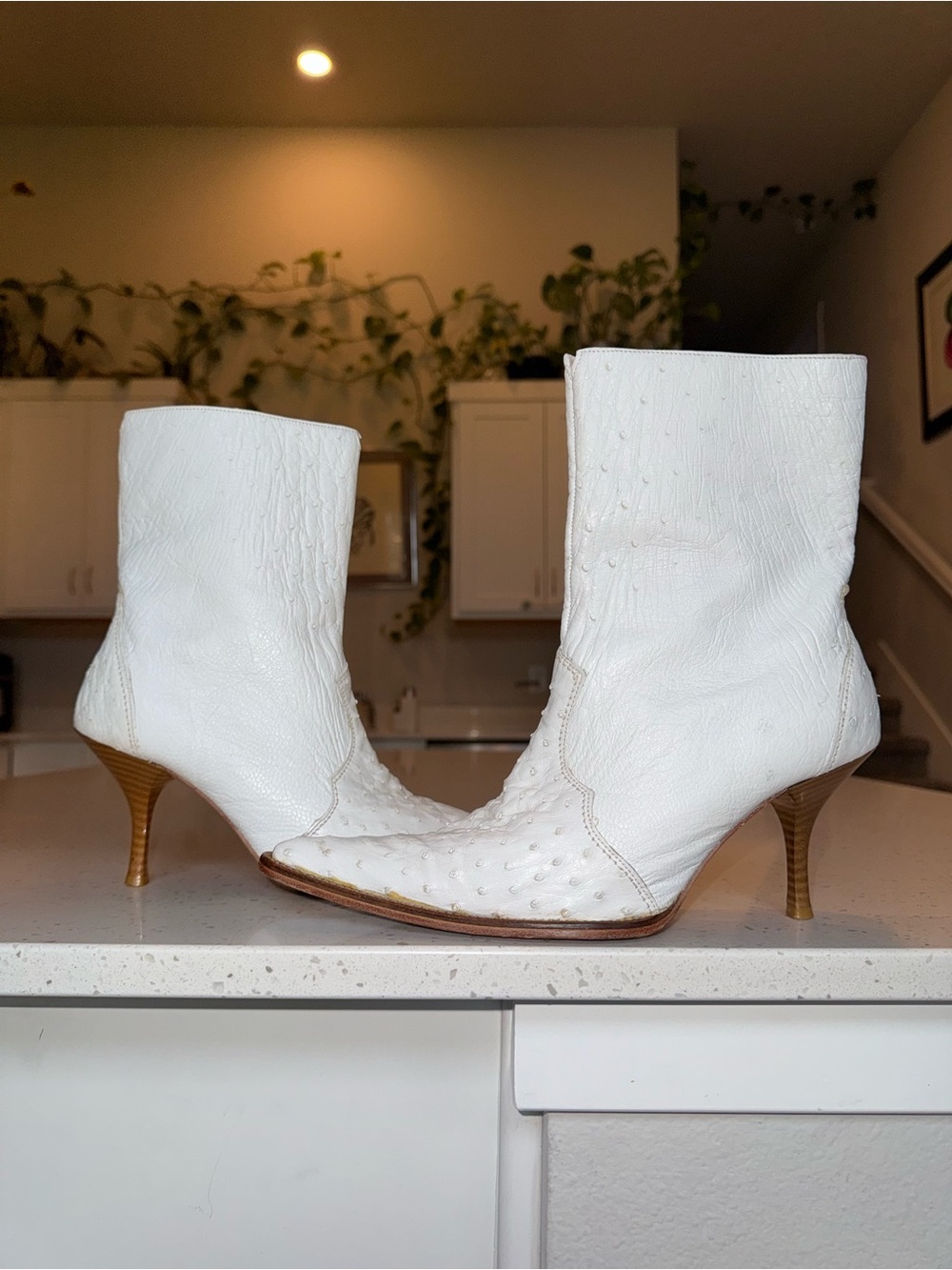 Frida Cuadra White Real Ostrich Leather Mid-Calf Kitten Heel Boots